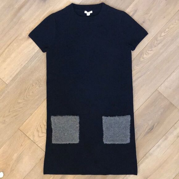 Crewcuts Navy Short Sleeved Sweater Dress with Gray Wool Pockets, Girls 16 - Picture 1 of 5